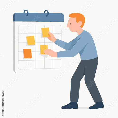 Flat Illustration of Man Sticking Sticky Notes on Big Calendar at Office
