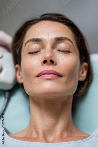 Young woman undergoing noninvasive neck ultrasound biopsy in hospital, modern diagnostic imaging for preventive womens health care and reassurance
