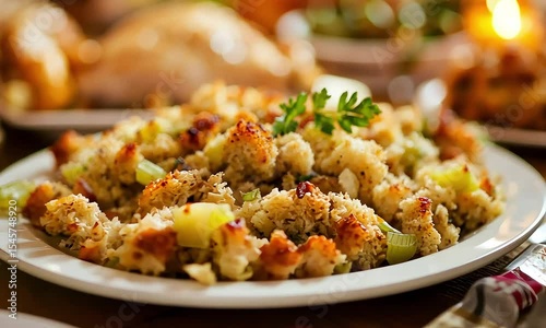 Delicious Thanksgiving Stuffing on a Beautifully Set Holiday Dinner Table