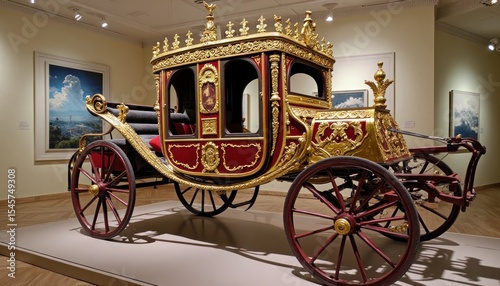 Ornate gold-decorated carriage displayed in a museum.