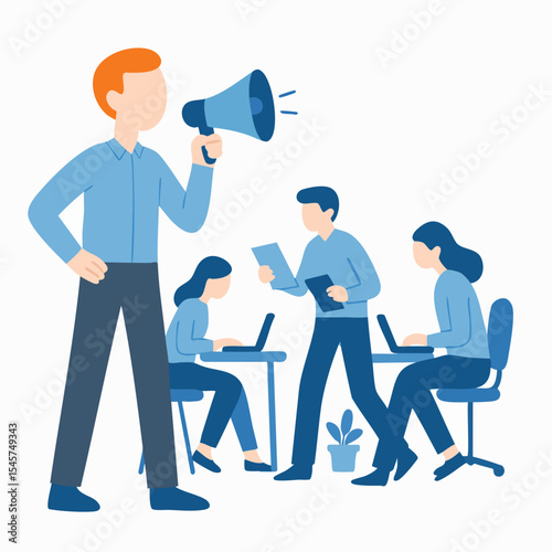 Flat Style Man Speaking Through Megaphone with Colleagues Illustration