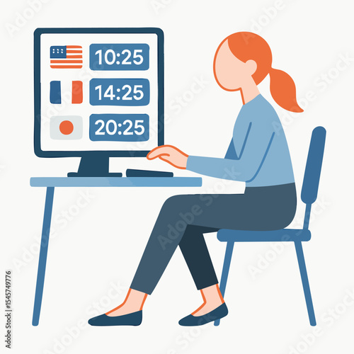 Wallpaper Mural Flat Illustration Woman Working at Desk with Multiple Time Zones Torontodigital.ca