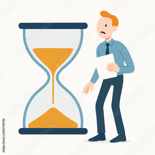 Cartoon Illustration of Anxious Man Standing Near Hourglass with Deadline Concept