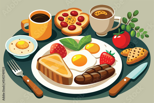 Delicious Breakfast A Hearty Meal of Eggs, Toast, Sausage, and More