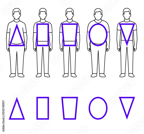 Set of icons showing types of male figures with geometric shapes in purple outlines