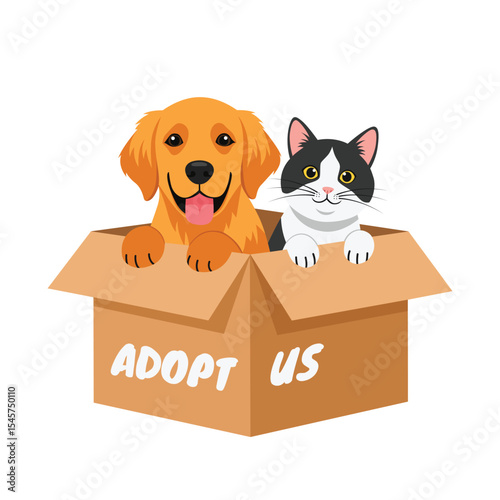 adopt a pet concept. vector illustration of cat and dog in the box