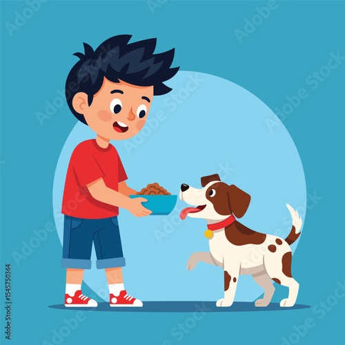 young boy feeding pet dog vector illustration