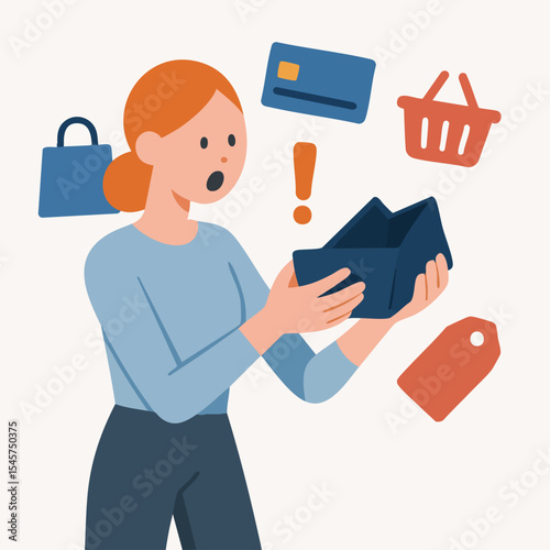 Flat Illustration Unhappy Woman Showing Empty Wallet Financial Crisis Concept