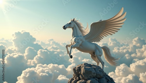 Majestic pegasus soaring above fluffy clouds.