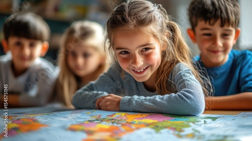 Students practicing hands-on geography with a world map, highlighting countries and capitals in an interactive lesson.
