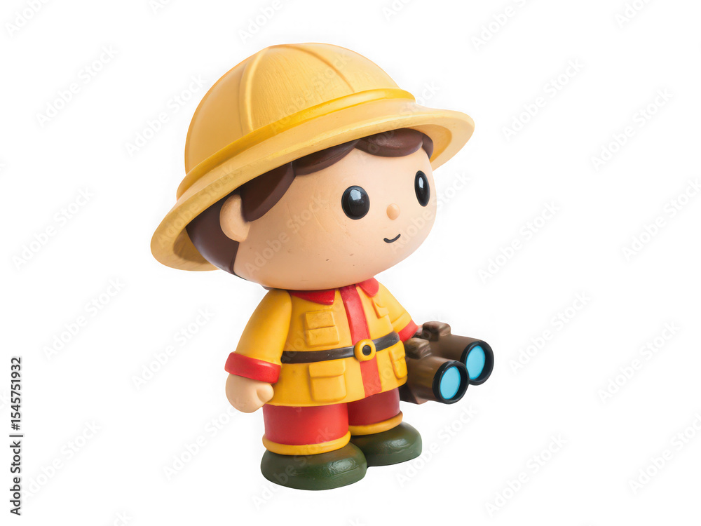 Cute cartoon explorer figurine holding binoculars, yellow hat, red pants, isolated Cute cartoon explorer figurine holding binoculars, yellow hat, red pants, isolated