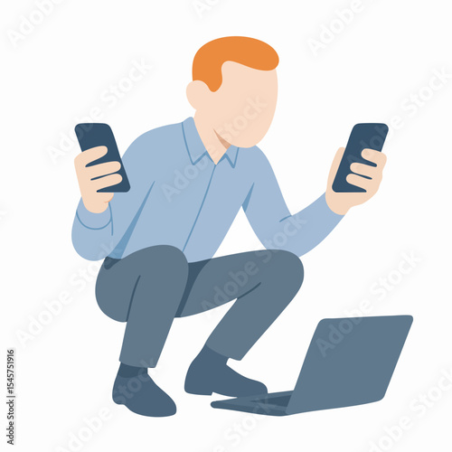 Flat Illustration Man Crouching with Mobile Phone and Laptop Device