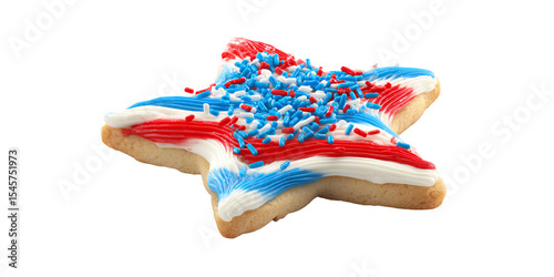 Patriotic Star Cookie with Red, White, and Blue Frosting and Sprinkles for Festive Holiday Celebration Concept of Independence Day, Memorial Day, and American Pride