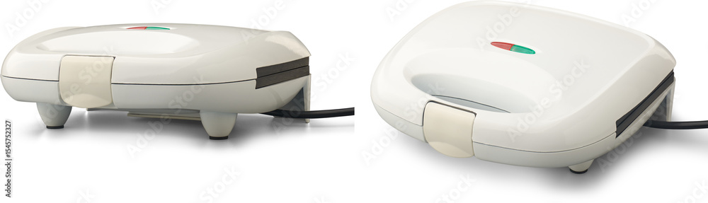 Obraz premium set of modern compact multi functional sandwich maker or toaster isolated white background, versatile kitchen appliance in different angles