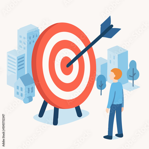 Isometric Arrow Hitting Target Marketing Achieving Success Business Illustration