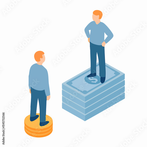 Isometric Inequality Concept Man Standing on Money and Coins Illustration