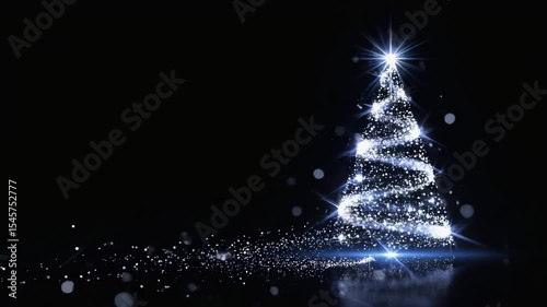 Magical Christmas tree formed from sparkling white light particles with trailing stardust against black background.