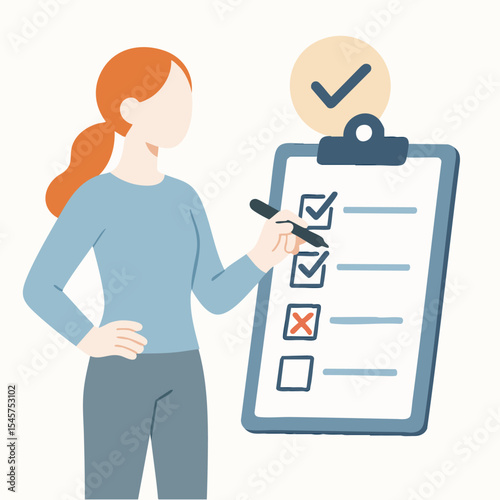 Flat Illustration Woman Checking List on Clipboard with Pen Task Management