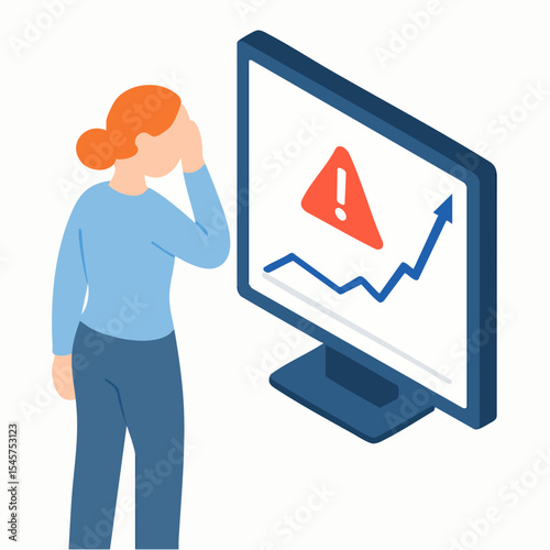 Isometric Concerned Woman Looking at Declining Graph on Monitor Illustration