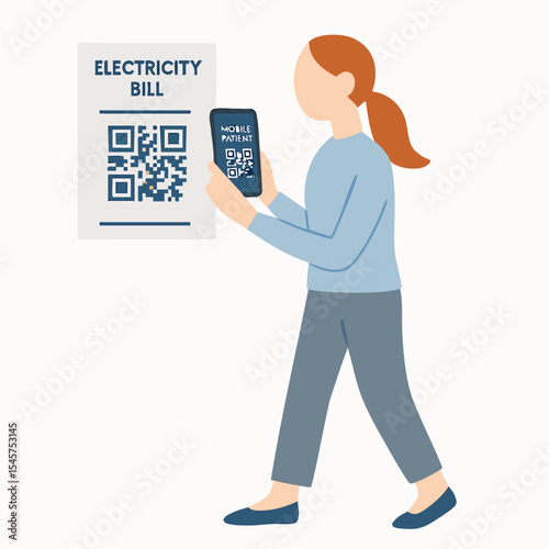 Flat Illustration of Young Woman Scanning Electricity Bill QR Code with Smartphone