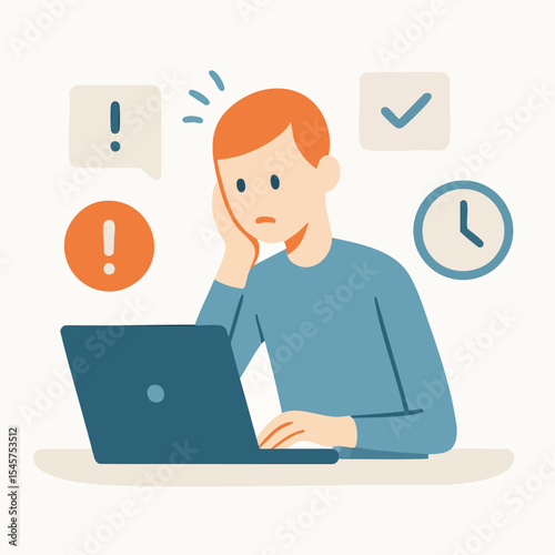 Flat Illustration Man Working with Laptop under Pressure Stress Situation