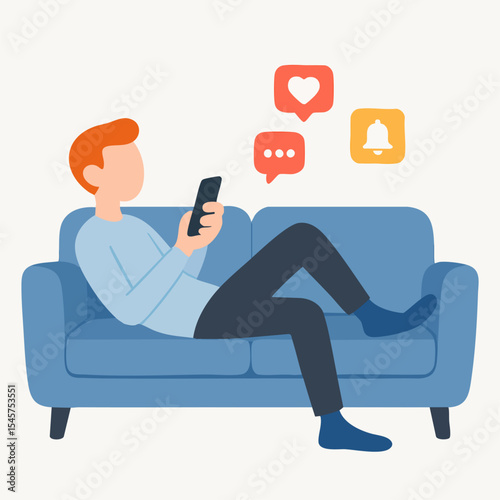 Flat Illustration Young Man Relaxing on Sofa Using Mobile Phone