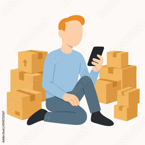 Flat Illustration Man Sitting with Cardboard Boxes Checking Order on Tablet