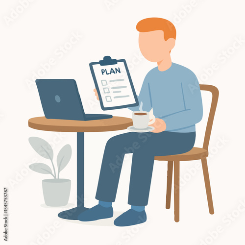 Flat Illustration Man Working on Laptop with Plan Checklist at Cafe