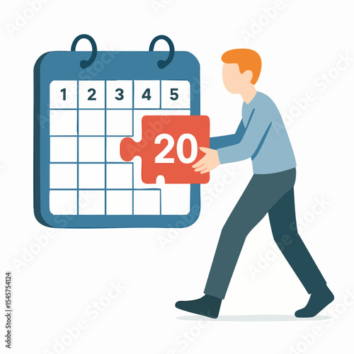 Flat Style Man Assembling Calendar with Puzzle Piece Illustration