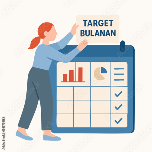 Flat Illustration Woman Setting Up Monthly Target Calendar Graphic