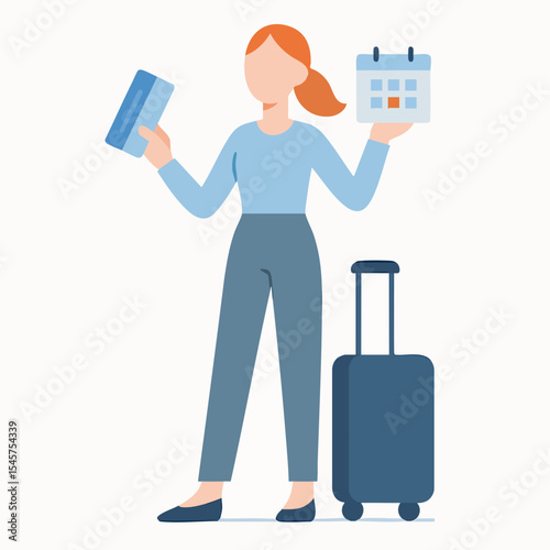 Flat Style Woman Traveler Holding Calendar and Ticket with Suitcase Illustration