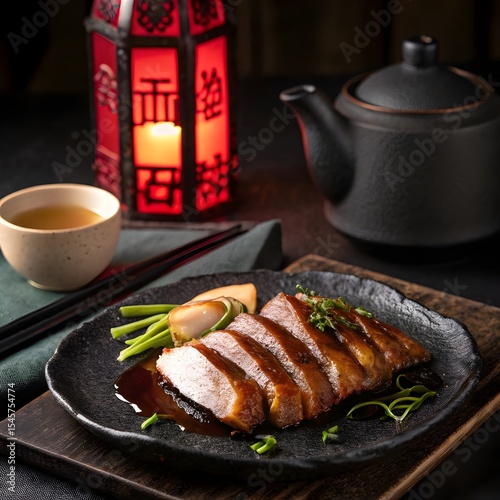 Tea-Smoked Duck Under Crimson Light, tea smoked duck image, Chinese gourmet dish, luxury Beijing cuisine, red lantern food photography, elegance, surreal, smooth, visual, cool, majestic, display