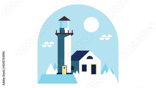 Lighthouse Vector Illustration, Flat Design Lighthouse Architecture - Winter Countryside Themes