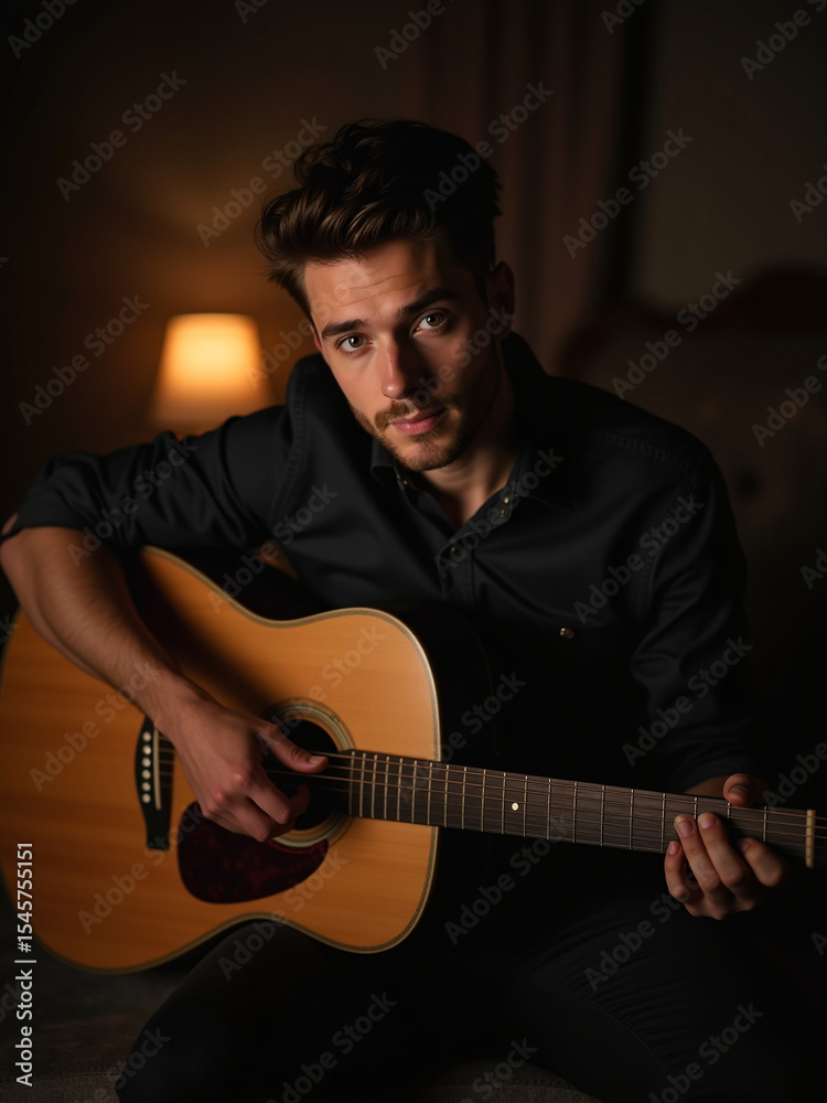 Fototapeta premium Man plays acoustic guitar, focused on music.