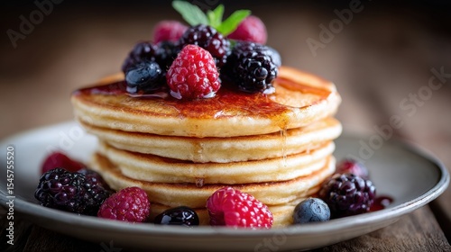 A stack of pancakes topped with berries on a plate