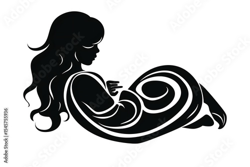 Abstract baby in womb ink icon, Chinese brush style, minimalist vector, isolated on white