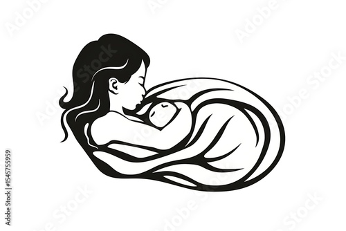 Abstract baby in womb ink icon, Chinese brush style, minimalist vector, isolated on white