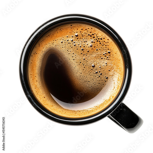 Espresso coffee cup overhead view dark background crema foam isolated on a transparent background