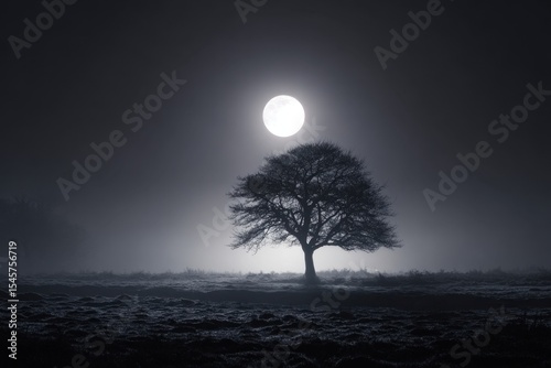 A lone tree in the middle of a foggy field with a full moon in the background