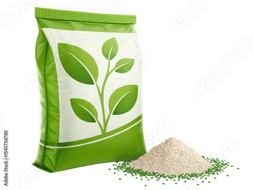 Green bag of fertilizer with beige granules spilling out, isolated
