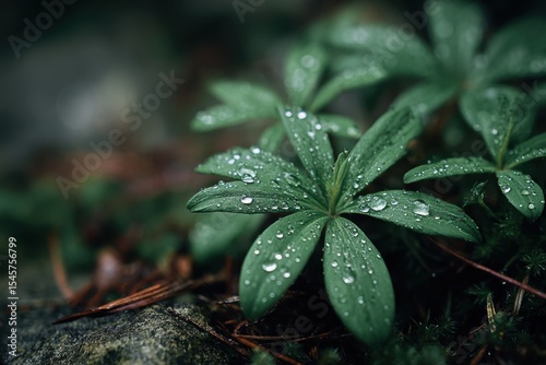 A small green plant with water droplets on it