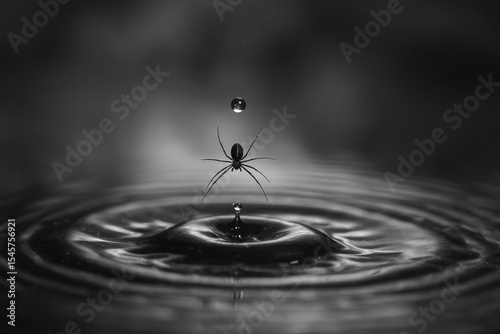 A black and white photo of a spider in the water