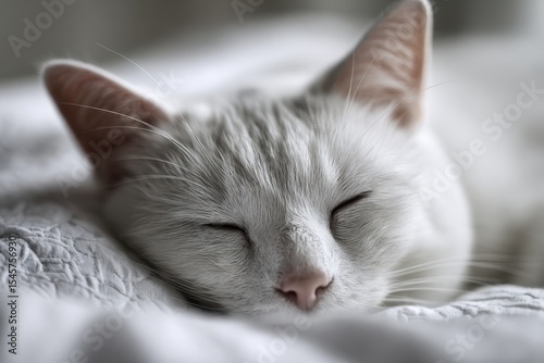 A white cat sleeping on top of a bed