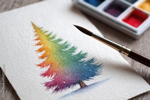 A watercolor painting of a rainbow colored tree on a piece of paper