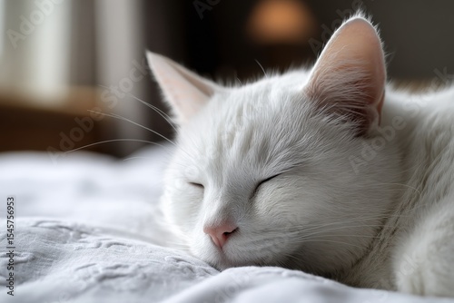 A white cat sleeping on top of a bed