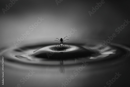 A black and white photo of a spider in a rippled surface