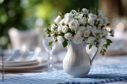 A white vase filled with white flowers sitting on a table