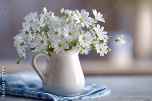 A white vase filled with white flowers sitting on top of a table