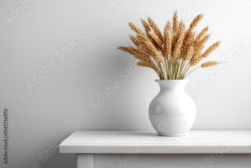 A white vase with a bunch of wheat in it on a table