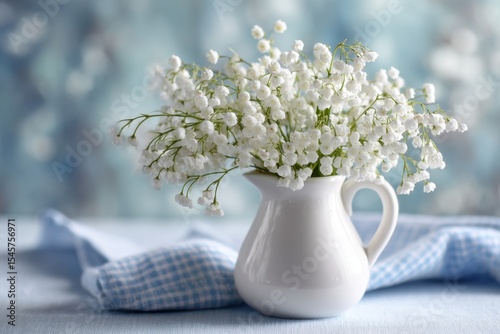 A white vase filled with white flowers sitting on a table